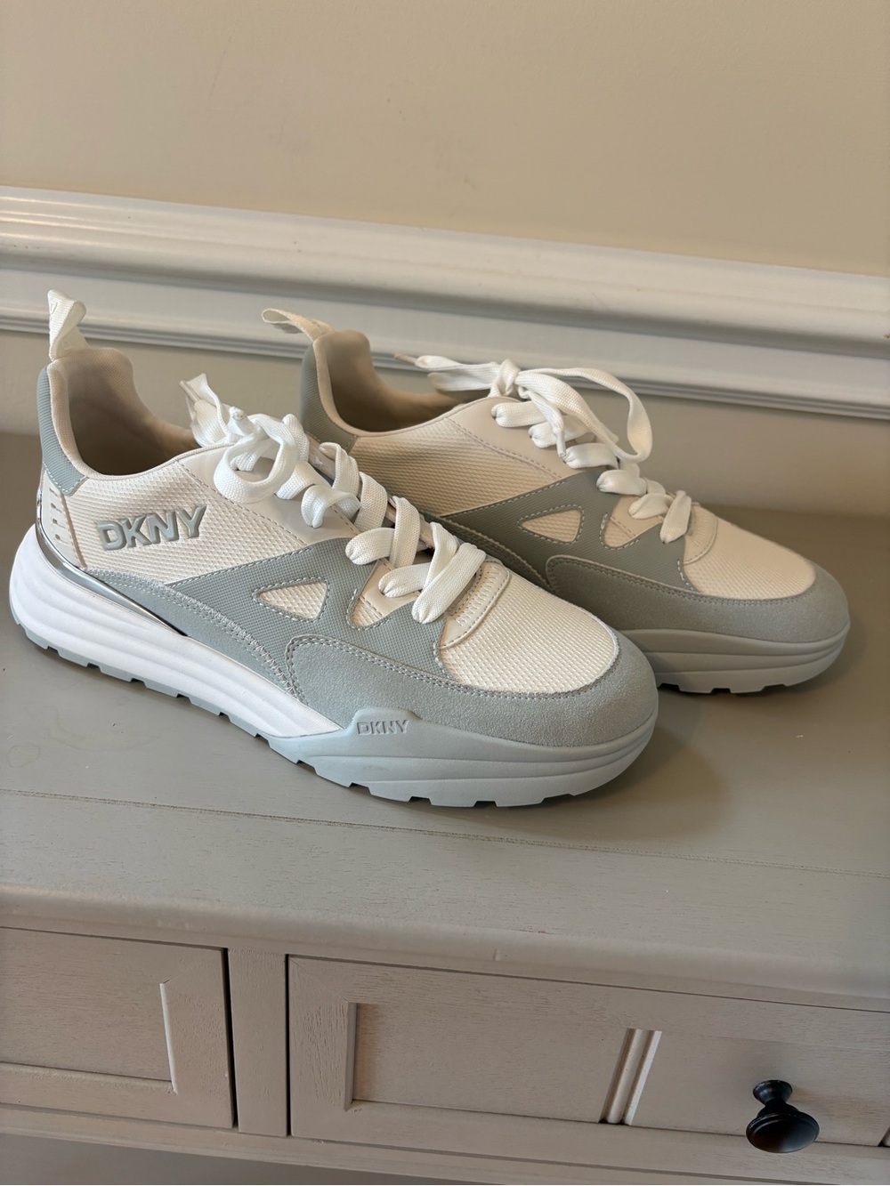 DKNY White and Light Gray Chunky Lace-Up Sneakers